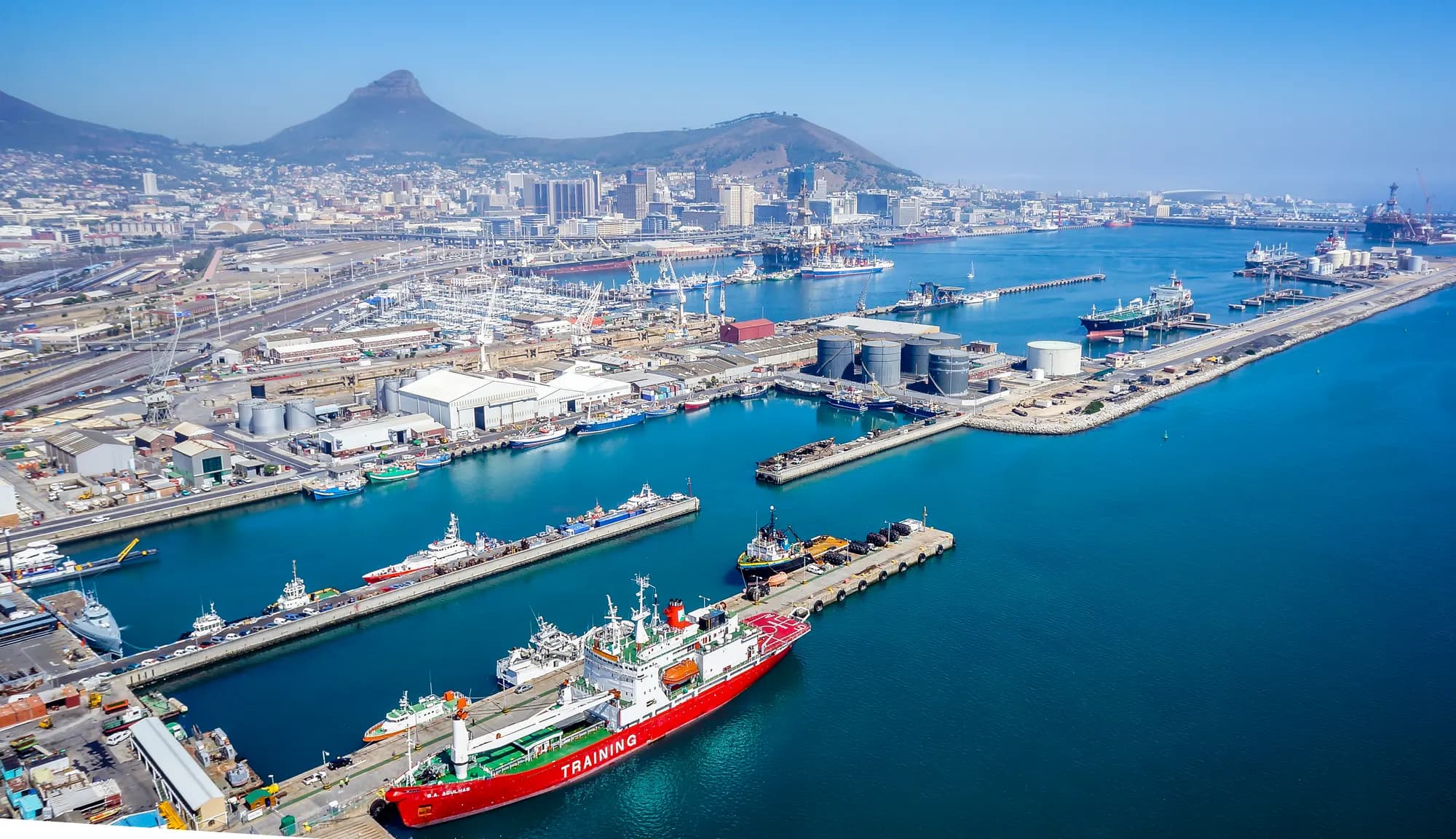 Representative aerial view of a working African port